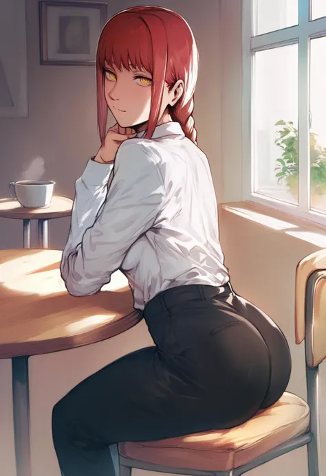 score_9, score_8_up, score_7_up, score_6_up, <lora:hewsXL_P6_lokr_V43P1NF:0.95>  1girl, makima \(chainsaw man\), red hair, braid, sitting, shirt, yellow eyes, pants, looking at viewer, black pants, ringed eyes, breasts, braided ponytail, chair, white shirt, long hair, solo, ass, shirt tucked in, cup, window, long sleeves, indoors, medium breasts, table, sidelocks, necktie, hand on own chin, bra visible through clothes, on chair, collared shirt, looking back, closed mouth