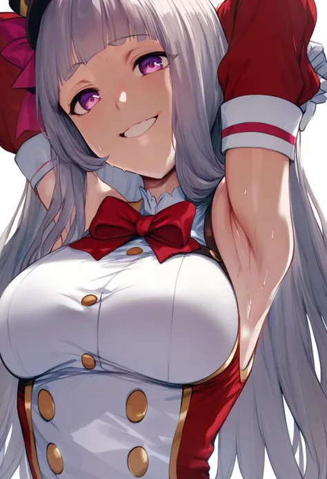 score_9, score_8_up, score_7_up, score_6_up, <lora:hewsXL_P6_lokr_V43P1NF:0.95> 1girl, gold ship \(umamusume\), horse ears, solo, armpits, animal ears, dress, breasts, long hair, red dress, sweat, sleeveless, smile, sleeveless dress, horse girl, white gloves, gloves, looking at viewer, large breasts, grin, grey hair, blunt bangs, bow, purple eyes, arms up, bowtie, pillbox hat, upper body, arms behind head, simple background, red bow, red bowtie, hat, brown headwear, teeth, buttons, pink eyes, double-breasted