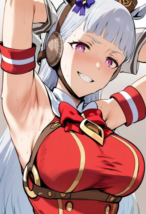 masterpiece, best quality, <lora:hewsXL_ANI31_lokr_V43P1NF:0.95> 1girl, gold ship \(umamusume\), horse ears, solo, armpits, animal ears, dress, breasts, long hair, red dress, sweat, sleeveless, smile, sleeveless dress, horse girl, white gloves, gloves, looking at viewer, large breasts, grin, grey hair, blunt bangs, bow, purple eyes, arms up, bowtie, pillbox hat, upper body, arms behind head, simple background, red bow, red bowtie, hat, brown headwear, teeth, buttons, pink eyes, double-breasted