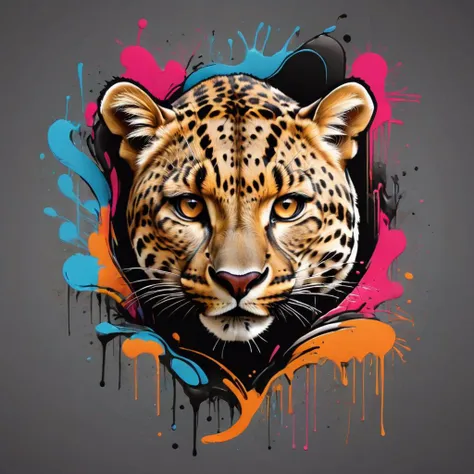 Ink illustration, a fingerprint that forms a leopard, sinuous, slinky, playful, neon colors, asymmetrical fractals, ink splatters, ink runs, ink spots, faded ink, ink stains, linquivera <lora:wildlife-sdxl:1> t-shirt_design