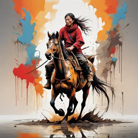 (abstract acrylic painting:1.3), ink stains, ink splatters, ink runs, ink spots, faded ink, physically emotive Mongolian nomad rides a horse to meet the viewer, splashes of mud and blood, a war bow in his hands,, (on a reflective surface:1.4), sunrise, detailed, amazing natural lighting, vibrant oversaturated colors, enveloped in ribbons of mist, wrapped in wide bands of linen, asymmetrical fractal pattern, linquivera <lora:t-shirt_design-sdxl:1> t-shirt_design