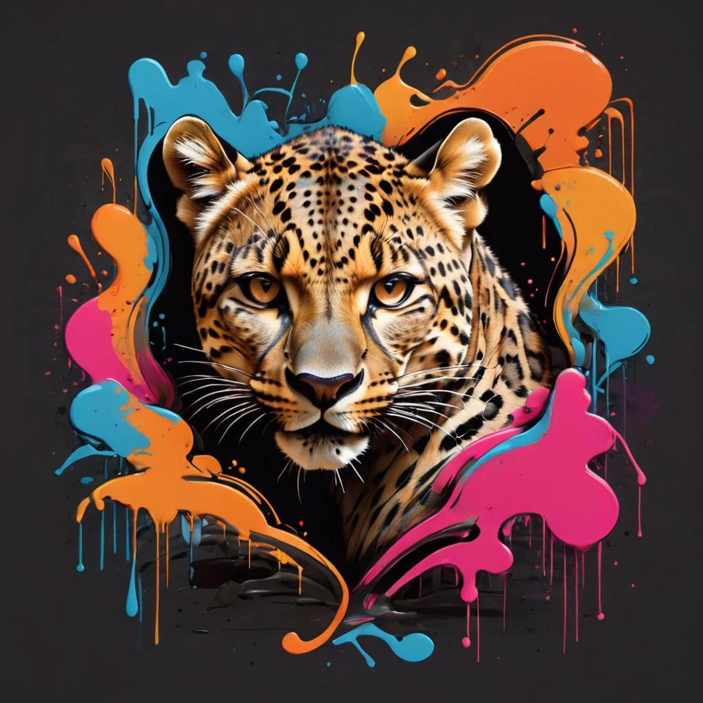 Ink illustration, a fingerprint that forms a leopard, sinuous, slinky, playful, neon colors, asymmetrical fractals, ink splatters, ink runs, ink spots, faded ink, ink stains, linquivera <lora:wildlife-sdxl:1> t-shirt_design