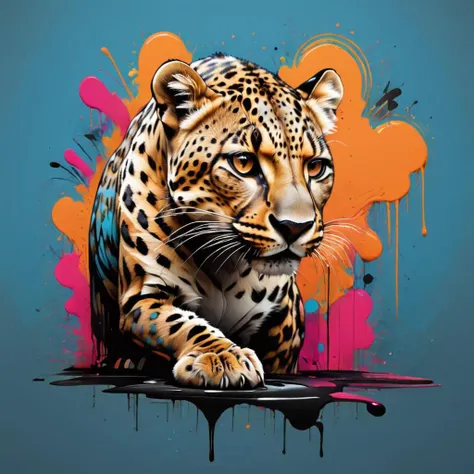 Ink illustration, a fingerprint that forms a leopard, sinuous, slinky, playful, neon colors, asymmetrical fractals, ink splatters, ink runs, ink spots, faded ink, ink stains, linquivera <lora:wildlife-sdxl:1> t-shirt_design