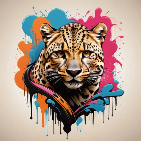 Ink illustration, a fingerprint that forms a leopard, sinuous, slinky, playful, neon colors, asymmetrical fractals, ink splatters, ink runs, ink spots, faded ink, ink stains, linquivera <lora:wildlife-sdxl:1> t-shirt_design
