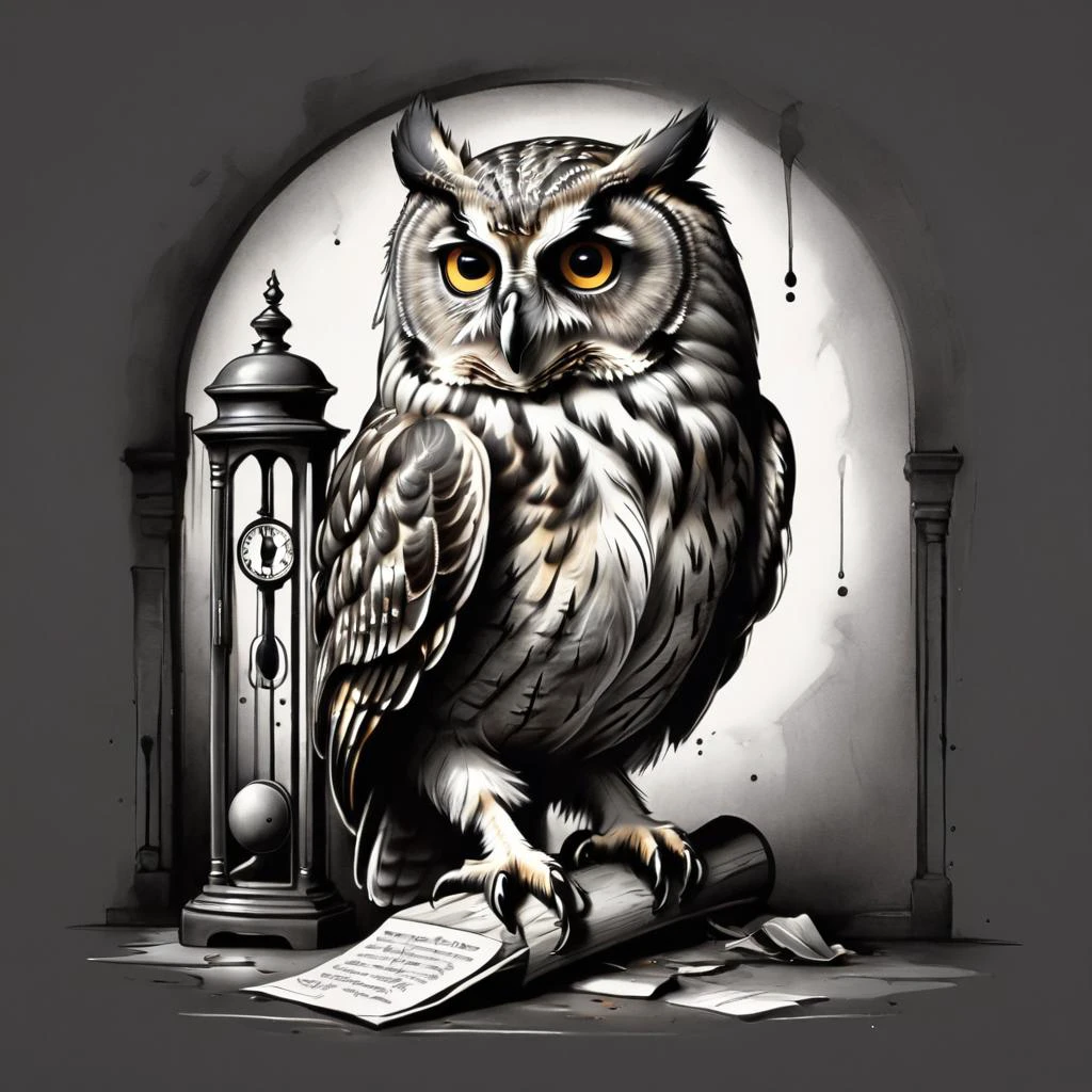 charcoal drawing of an owl contemplating an old grandfather clock <lora:t-shirt_design-sdxl:1> t-shirt_design