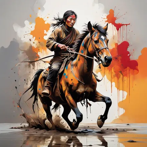 (abstract acrylic painting:1.3), ink stains, ink splatters, ink runs, ink spots, faded ink, physically emotive Mongolian nomad rides a horse to meet the viewer, splashes of mud and blood, a war bow in his hands,, (on a reflective surface:1.4), sunrise, detailed, amazing natural lighting, vibrant oversaturated colors, enveloped in ribbons of mist, wrapped in wide bands of linen, asymmetrical fractal pattern, linquivera <lora:t-shirt_design-sdxl:1> t-shirt_design