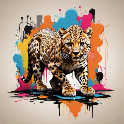 Ink illustration, a fingerprint that forms a full body leopard, sinuous, slinky, playful, neon colors, asymmetrical fractals, ink splatters, ink runs, ink spots, faded ink, ink stains, linquivera <lora:wildlife-sdxl:1> t-shirt_design