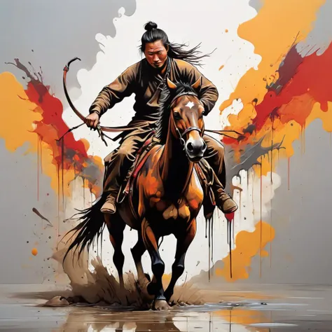 (abstract acrylic painting:1.3), ink stains, ink splatters, ink runs, ink spots, faded ink, physically emotive Mongolian nomad rides a horse to meet the viewer, splashes of mud and blood, a war bow in his hands,, (on a reflective surface:1.4), sunrise, detailed, amazing natural lighting, vibrant oversaturated colors, enveloped in ribbons of mist, wrapped in wide bands of linen, asymmetrical fractal pattern, linquivera <lora:t-shirt_design-sdxl:1> t-shirt_design