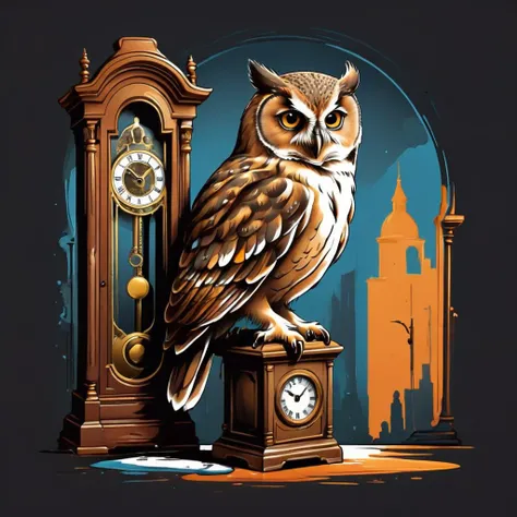 an owl contemplating an old grandfather clock <lora:t-shirt_design-sdxl:1> t-shirt_design
