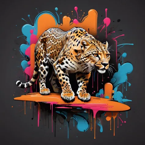 Ink illustration, a fingerprint that forms a leopard, sinuous, slinky, playful, neon colors, asymmetrical fractals, ink splatters, ink runs, ink spots, faded ink, ink stains, linquivera <lora:wildlife-sdxl:1> t-shirt_design