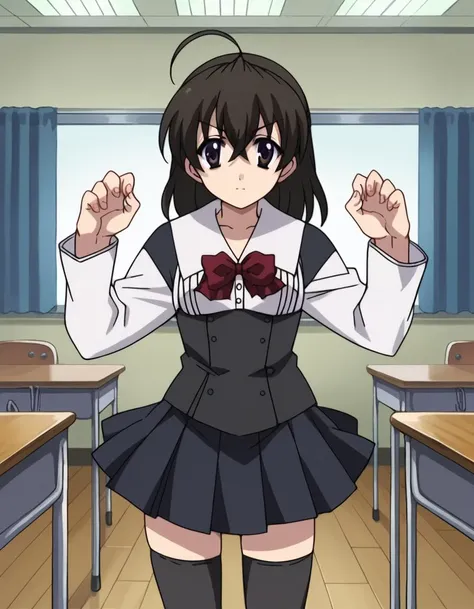 score_9, score_8_up, score_7_up, source_anime,
sekaisaionji, <lora:sekai-saionji-ponyxl-lora-nochekaiser:1>,
sekai saionji, black hair, brown eyes, ahoge,
skirt, thighhighs, school uniform, shoes, black thighhighs, zettai ryouiki,
indoors, classroom,
looking at viewer, cowboy shot, dynamic pose,
