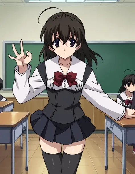score_9, score_8_up, score_7_up, source_anime,
sekaisaionji, <lora:sekai-saionji-ponyxl-lora-nochekaiser:1>,
sekai saionji, black hair, brown eyes, ahoge,
skirt, thighhighs, school uniform, shoes, black thighhighs, zettai ryouiki,
indoors, classroom,
looking at viewer, cowboy shot, dynamic pose,