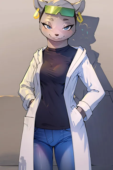 marie itami, furry, female, labcoat, black shirt, jeans, smirk, bust, hands in pockets,