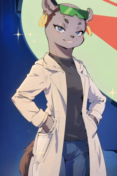 marie itami, furry, female, labcoat, black shirt, jeans, smirk, bust, hands in pockets,