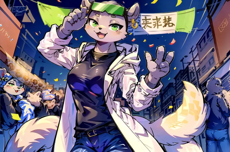 marie itami, furry, female, labcoat, black shirt, jeans, happy, green eyewear, expressive pose, at a festival, confetti, banners, food vendors,