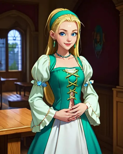 <lora:serenadq:0.5>, 1girl, blonde_hair, forehead, hair_pulled_back, long_hair, blue_eyes, green_hairband, dress, puffy_sleeves, juliet_sleeves, necklace, earrings, hairband, smile, looking_at_viewer, indoors, navel