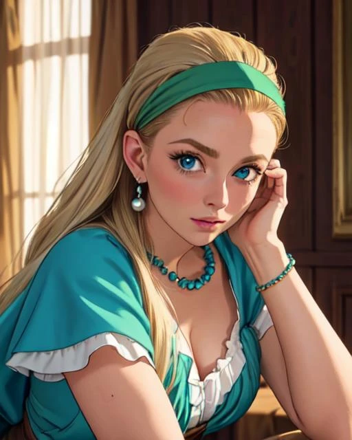 masterpiece, best quality, 8k, serenadq, 1girl, blonde_hair, forehead, (hair_pulled_back:1.3), long_hair, blue_eyes, green_hairband, (nude:1.2), beads, pearl_necklace, earrings, corneo_covering_breasts_arms_crossed, shy, blush, looking_at_viewer, bedroom, upper body, <lora:serenadq:0.6>