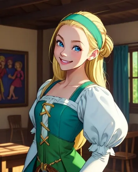 <lora:serenadq:0.5>, 1girl, blonde_hair, forehead, hair_pulled_back, blue_eyes, green_hairband, dress, puffy_sleeves, juliet_sleeves, hairband, smile, looking_at_viewer, indoors, navel