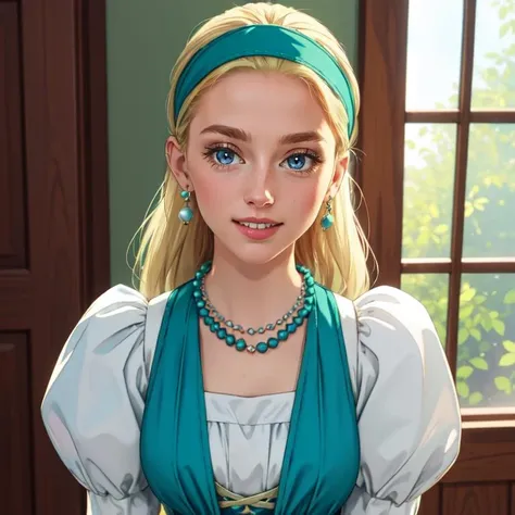 best quality, <lora:serenadq:0.5>, 1girl, blonde_hair, forehead, hair_pulled_back, blue_eyes, green_hairband, hairband, earrings, jewelry, necklace, pearl_necklace, puffy_sleeves, juliet_sleeves, grin, looking_at_viewer, indoors, (upper body:1.3)