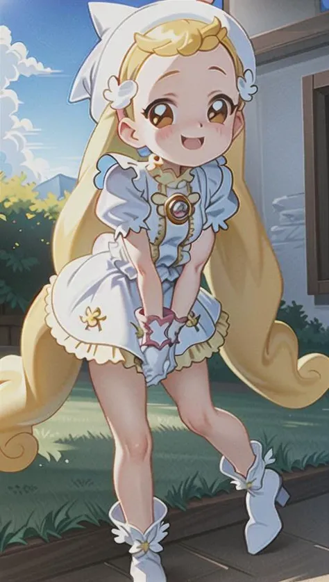 masterpiece, best quality, absurdres, perfect antomy, (fingers 5 fingers),(little girl), (ultimate cute girl), (makihatayama_hana), 1girl, (full body), blonde hair, long hair, hair intakes, brown eyes, dot nose, (hanawitch), witch hat, white gloves, compact ,white dress, (yellow frills), puffy short sleeves ,white skirt, white boots, (magical girl), (model pose), (smile), <lora:hana_makihatayama_v3:0.8>