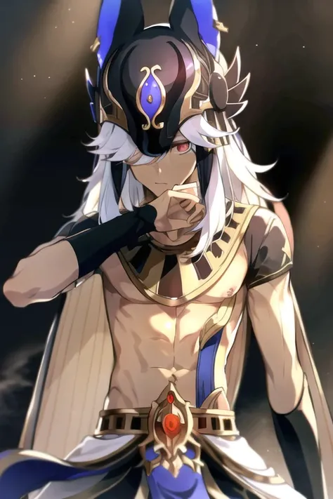 closeup, 1boy, cyno, anubis hat, animal hat, loincloth, platinum hair, red eyes, serious, anime, professional lights <lora:cyno:0.8>, looking up, peak shot