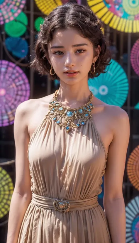 sweet smile,see-through,(upper body),small breasts,
8k portrait of Sexy and seductive 18yo 1girl with black hair,solo, jewelry, earrings,see-through golden red dress, realistic, brown hair, lipstick, makeup, short hair, brown eyes, looking at viewer, brown dress, bare shoulders, lips, sleeveless (arms at sides:1.3),
(standing),
(Colorful psychedelic background:1.33),
<lora:TatianaPapamoschou-girl:0.55>