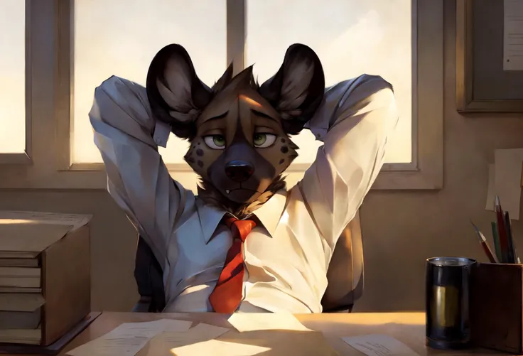 <lora:haida-v1-locon:1>, haida, hyena, nuzzle, male, spotted hyena, hyena boy, yellowish green eyes, fangs, spots, spotted body, white canine tail, white hands, white fingers, cheek tufts, neck short tufts, fur, lean, (wearing office outfit/ white shirt and red tie), by Bayard Wu, by Thomas Benjamin Kennington , (by Einshelm), solo, (sketch lines, colored sketch), volumetric lighting, dynamic light, full body, intricate details, absurd res, 8k, the best quality, the best resolution, masterpiece, beautiful composition, absurd res, tired eyes, sleepy face, exhausted, irritated, depressed, office setting, desk, documents and files, laying back, arms behind head, wall clock, city landscape, morning light, longing gaze, beer can,
