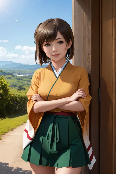 (masterpiece, best quality:1.2), <lyco:kancolle_hiryuu-10:1.0>, cowboy shot, solo, 1girl, hiryuu, smile, looking at viewer, crossed arms, one side up, japanese clothes, kimono, wide sleeves, hakama short skirt, partially fingerless gloves