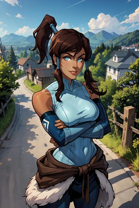 1girl, (solo:1.2), (dynamic pose:1.4), curvy, (masterpiece:1.2), (best quality:1.2), (perfect anatomy:1.4), (standing:1.4), (confident:1.2), smile, sfw, safe for work
<lora:Reiq [MockAi - v1.0]:0.8> reiq, (large breasts:1.2), (cowboy shot:1.2), <lora:Korra [Konan - v2.0]:0.8> korra, long hair, (brown hair:1.2), black hair, blue eyes, ponytail, dark skin, dark-skinned female, topknot, (hair tubes:1.4), fur-trimmed jacket around waist, (blue halterneck top:1.3), armlet, vambraces, (bare shoulders:1.3), (arm_warmers:1.3), sleeveless, (rural street:1.2), trees, japanese countryside, Utility pole,
