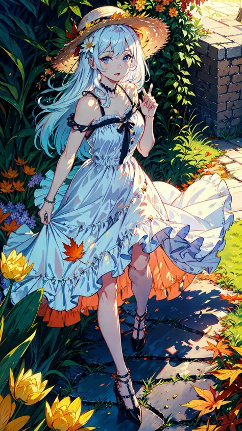 tutututu, high heels, full body,
finely detail, Depth of field,(((masterpiece))),((extremely detailed CG unity 8k wallpaper)),best quality, high resolution illustration,Amazing,highres,intricate detail,(best illumination, best shadow, an extremely delicate and beautiful),
1girl, hat,solo,white hair, long_hair, bare_shoulders, sleeveless,hat_flower,straw_hat,white sundress,straw hat, looking_at_viewer, Lilac eyes,Lovely face,open one's mouth,middle finger,show the middle finger,
(((Tyndall effect))),dappled sunlight,cloud, flower, autumn_leaves, outdoors, autumn, blue_sky, leaf, sunset, cloudy_sky, burning, owl, maple_leaf,tulips,
<lora:tutuhltn_0004:0.65>