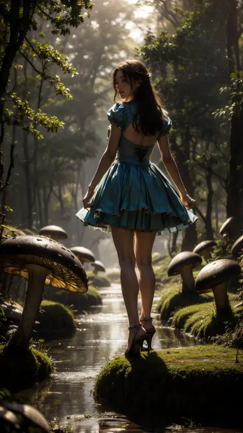 tutututu,high heels,
Adult Alice in wonderland standing in stream,large mushrooms in background,highly detailed,Beautiful lighting,photoreal,4k,depth of field,night scene,light from godrays shining on ground,
<lora:merged_0020:1>,