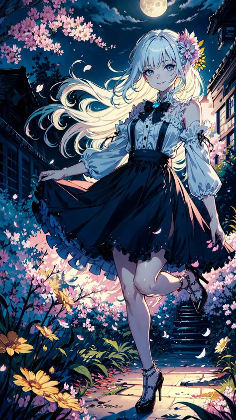 tutututu, high heels, full body,
masterpiece, best quality, 1girl, (colorful),(delicate eyes and face), volumatic light, ray tracing, bust shot ,extremely detailed CG unity 8k wallpaper,solo,smile,intricate skirt,((flying petal)),(Flowery meadow) sky, cloudy_sky, moonlight, moon, night, (dark theme:1.3), light, fantasy, windy, magic sparks, dark castle,white hair,
<lora:tutuhltn_0004:0.65>