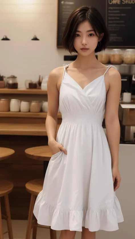(8k, RAW photo, best quality, masterpiece:1.2), (realistic, photo-realistic:1.2), (photorealistic:1.4), (ultra high res, raw photo:1.4), ultra-detailed, a girl, perfect face, sitting, full body, (standing:1.4), (softlight:1.2), (professional lighting:1.2), (studio:1.2), (coffee shop background:1.2), (coffee shop:1.2), from front, facing to viewer, two hands in front of chests, face to face, (smooth cloth), <lora:add_detail:0.4>, <lora:more_details:0.4>, pdress, (white dress:1.4), <lora:pdress:1>