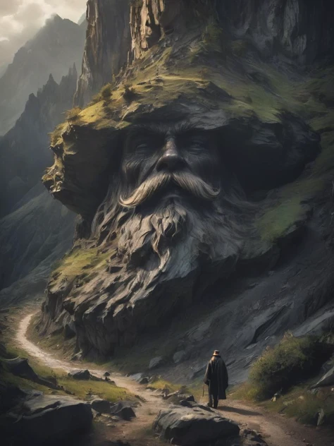 a strange looking mountain that has a chiseled beard and a mustache , deep shadows,  (landscape focus:1.1), <lora:- SDXL - brdanmu_ beard_mustache_hair_V2.0:.6>,  <lora:- SDXL - letitbrn_let_it_burn_V1.0:0.7>