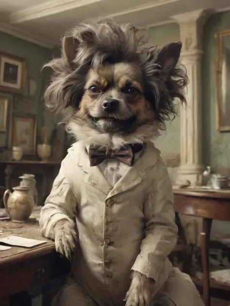 depiction of a victorian dog being all smug and fancy which has messy hair, inside old house,  <lora:- SDXL - brdanmu_ beard_mustache_hair_V2.0:.6>