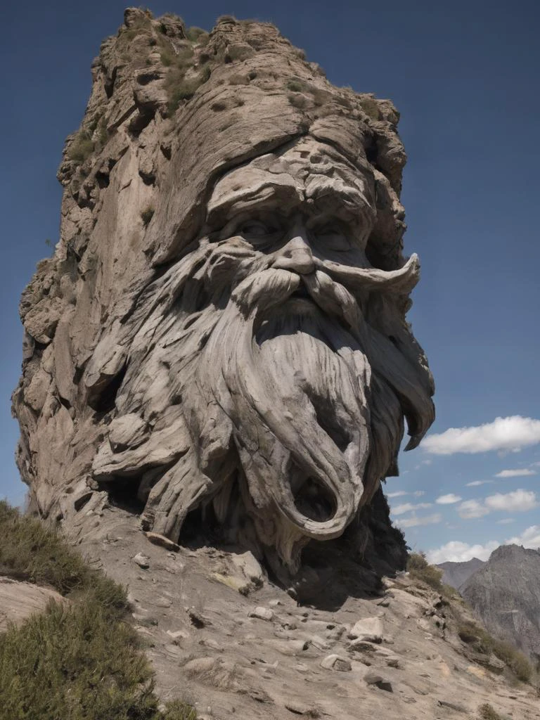 surreal, a strange looking mountain that has a weird chiseled rocky beard and a chiseled rocky mustache uncanny, deep shadows, random noise, (landscape focus:1.1), <lora:- SDXL - brdanmu_ beard_mustache_hair_V2.0:.6>,