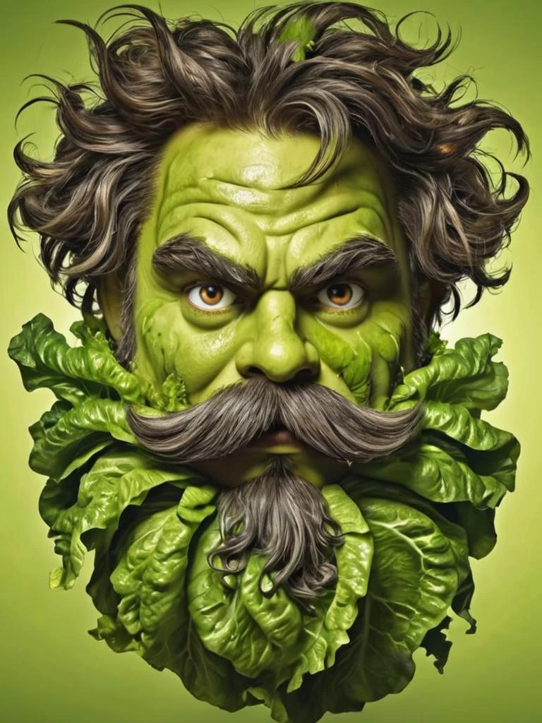 a strange looking lettuce that has a (beard and a mustache and messy hair:-0.5), the lettuce is in dire need for a shave, deep shadows, cartoon, illustration, (vegetable focus:1.1), <lora:- SDXL - brdanmu_ beard_mustache_hair_V2.0:.6>