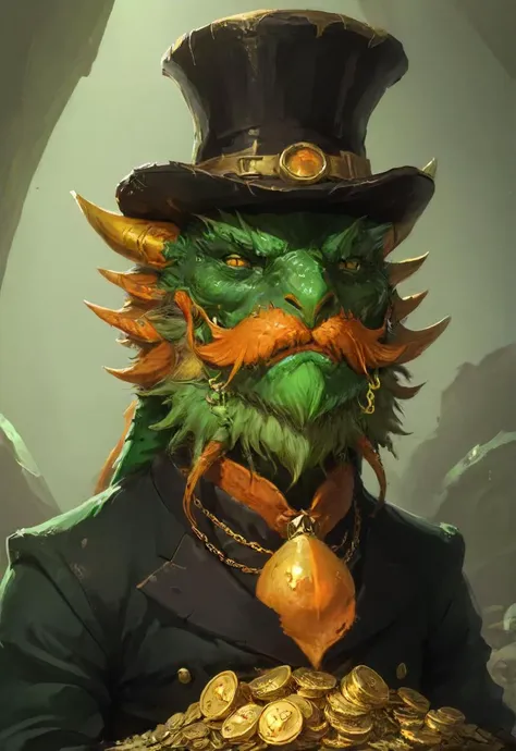 a suspicious green dragon sporting an orange-colored beard and mustache and wearing a black top hat is lying in a pile of (gold doubloons:1.2), (all mine!:1.2), intricate detailing, fierce and intense emotion, greed, hording, atmospheric, <lora:- SDXL - dragon_variation_V1.0:0.8> <lora:- SDXL - brdanmu_ beard_mustache_hair_V2.0:0.6>