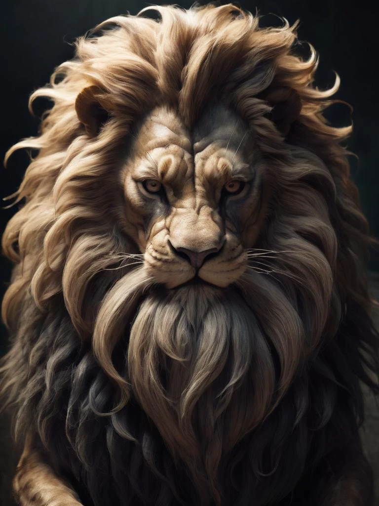 a strange looking lion that has a beard and a mustache, the lion is in dire need for a shave, deep shadows, cartoon, illustration, snake, scales, (animal focus:1.1), <lora:- SDXL - brdanmu_ beard_mustache_hair_V2.0:.5>