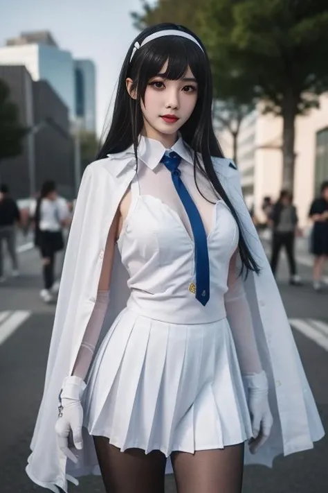 ultra-detailed,highly detailed,best quality,masterpiece,illustration,realistic,
type 95, 1girl, type 95 \(girls' frontline\), solo, 
long hair, hairband, black hair,  bangs, blunt bangs, 
shirt, white shirt, cape, white cape, skirt,pleated skirt, white skirt, gloves, white gloves,necktie,ribbon,  jacket, pantyhose, blue necktie, white hairband,
solo focus, looking at viewer, standing,
outdoors, nature, night,star \(sky\), night sky, 
 <lora:type_95_V1_04:0.7>
