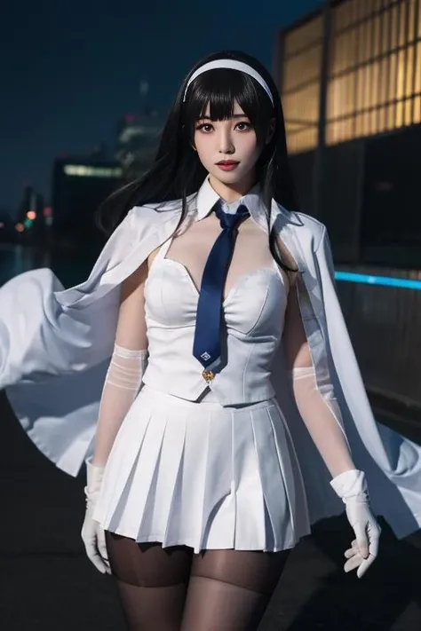 ultra-detailed,highly detailed,best quality,masterpiece,illustration,realistic,
type 95, 1girl, type 95 \(girls' frontline\), solo,
long hair, hairband, black hair, bangs, blunt bangs,
shirt, white shirt, cape, white cape, skirt,pleated skirt, white skirt, gloves, white gloves,necktie,ribbon, jacket, pantyhose, blue necktie, white hairband,
solo focus, looking at viewer, standing,
outdoors, nature, night,star \(sky\), night sky,
<lora:type_95_V1_04:0.7>