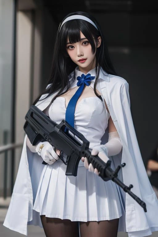 ultra-detailed,highly detailed,best quality,masterpiece,illustration,realistic,
type 95, 1girl, type 95 \(girls' frontline\), long hair, hairband, black hair, realistic, breasts, skirt, lips, white hairband, cape, dutch angle, bangs, pleated skirt, solo, white skirt, weapon, solo focus, gloves, white gloves, brown eyes, large breasts, gun, nose, closed mouth, blunt bangs, rifle, shirt, white cape, looking at viewer, white shirt, 1boy, necktie, paper, ribbon, assault rifle, jacket, signature, black eyes, pantyhose, medium breasts, blue necktie, standing, yellow eyes
<lora:type_95_V1_04:0.7>