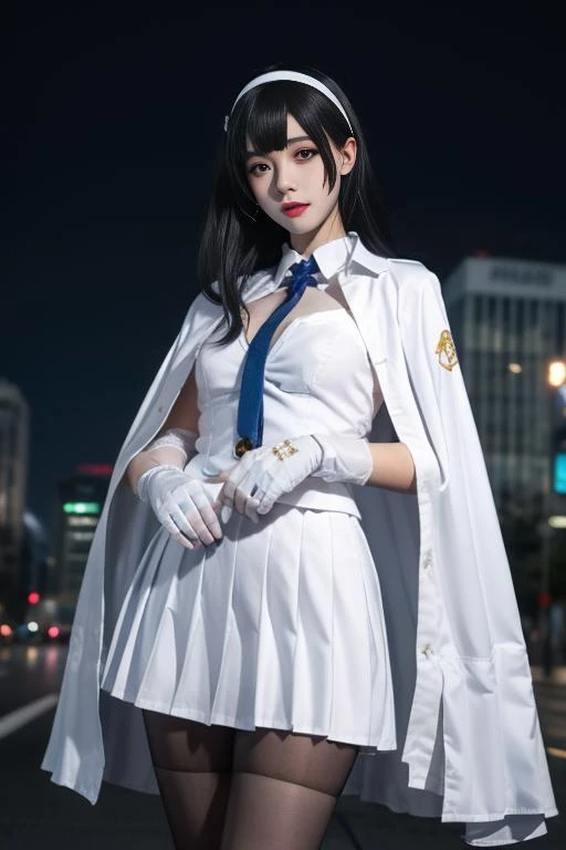 ultra-detailed,highly detailed,best quality,masterpiece,illustration,realistic,
type 95, 1girl, type 95 \(girls' frontline\), solo,
long hair, hairband, black hair, bangs, blunt bangs,
shirt, white shirt, cape, white cape, skirt,pleated skirt, white skirt, gloves, white gloves,necktie,ribbon, jacket, pantyhose, blue necktie, white hairband,
solo focus, looking at viewer, standing,
outdoors, nature, night,star \(sky\), night sky,
<lora:type_95_V1_04:0.7>