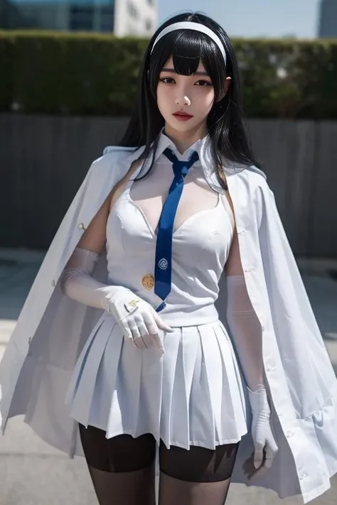 ultra-detailed,highly detailed,best quality,masterpiece,illustration,realistic,
type 95, 1girl, type 95 \(girls' frontline\), solo,
long hair, hairband, black hair, bangs, blunt bangs,
shirt, white shirt, cape, white cape, skirt,pleated skirt, white skirt, gloves, white gloves,necktie,ribbon, jacket, pantyhose, blue necktie, white hairband,
solo focus, looking at viewer, standing,
<lora:type_95_V1_04:0.7>