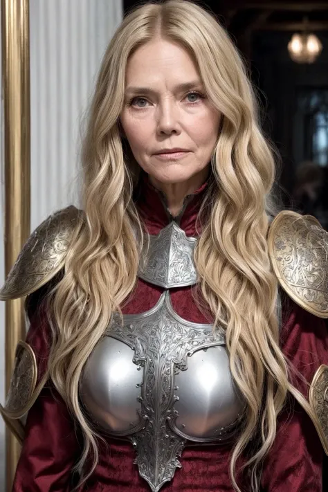 elderly [Dina Meyer | Heidi Klum | Elizabeth Olsen] wearing engraved bloody armor, long blonde wavy hair