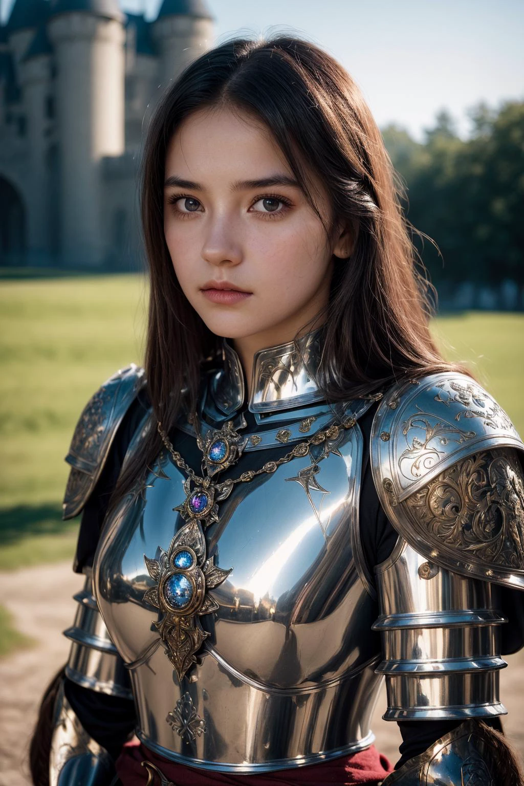 A portrait of a girl wearing medieval armor, jewelry, metal reflections, upper body, intense sunlight, far away castle, professional photograph, dramatic, cinematic lighting, film grain, crest on chest, blurred background