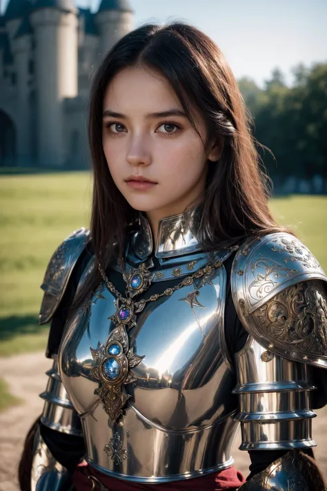 A portrait of a girl wearing medieval armor, jewelry, metal reflections, upper body, intense sunlight, far away castle, professional photograph, dramatic, cinematic lighting, film grain, crest on chest, blurred background