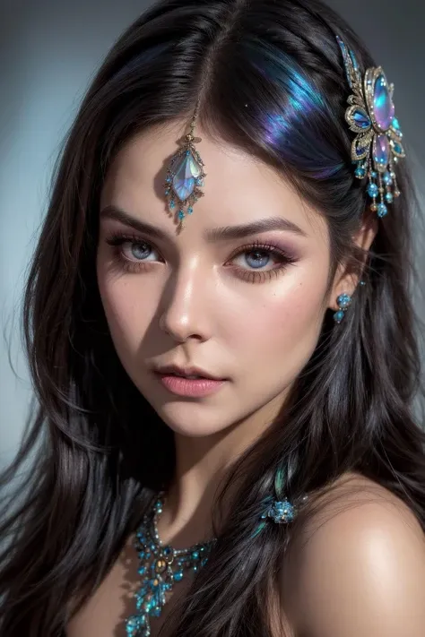 style of Justin Gerard,
an abstract iridescent painting of a a naughty woman's face,
sparkling eyes, long lashes,
hair accessories, intricate jewelry,
subsurface scattering,
[Mia Khalifa | Natalie Dormer]