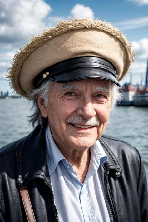 A handsome 72yo rocker, smiling Bavarian man, bright eyes, Hamburg harbor, clouds, closeup