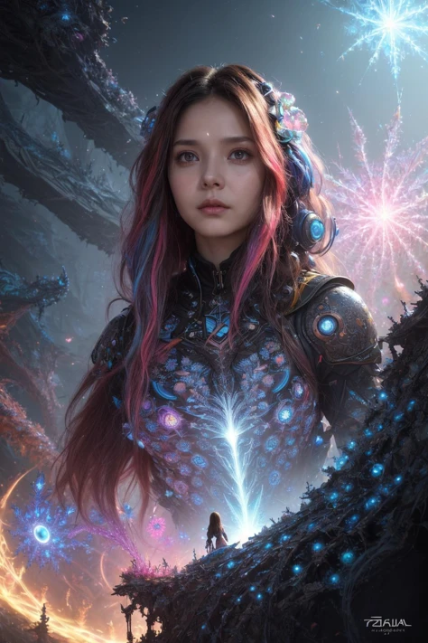 style of Slawomir Maniak, [(colorful fractal art:1.3):2], a sci-fi game official art, a young [woman | Elizabeth Olsen | Tzuyu] looking at the viewer, deep perspective